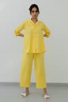 Buy_Silai Studio_Yellow 100% Cotton Embroidered Sequin Lapel Collar High Low Shirt And Pant Set _at_Aza_Fashions
