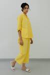 Silai Studio_Yellow 100% Cotton Embroidered Sequin Lapel Collar High Low Shirt And Pant Set _Online_at_Aza_Fashions