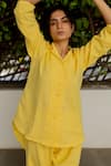 Silai Studio_Yellow 100% Cotton Embroidered Sequin Lapel Collar High Low Shirt And Pant Set _at_Aza_Fashions