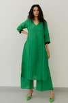 Shop_Silai Studio_Green Linen V-neck Solid Straight Kurta _Online_at_Aza_Fashions