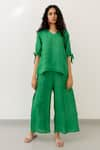 Buy_Silai Studio_Green Linen Collared Solid Tie-knot Sleeve Top And Pant Set _at_Aza_Fashions