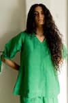 Silai Studio_Green Linen Collared Solid Tie-knot Sleeve Top And Pant Set _Online_at_Aza_Fashions