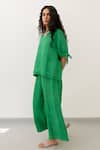 Buy_Silai Studio_Green Linen Collared Solid Tie-knot Sleeve Top And Pant Set 