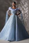 Buy_Chaashni By Maansi And Ketan_Blue Organza Feathers, Sequins Boat Neck Cutdan Embellished Gown_at_Aza_Fashions