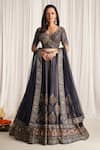 Buy_Chaashni by Maansi and Ketan_Blue Silk Embroidered Cutdana V-neck Floral Print Lehenga Set _at_Aza_Fashions