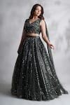 Chaashni By Maansi And Ketan_Green Net Sequins, Stones, Cut Work V-neck Embroidered Lehenga And Blouse Set _Online_at_Aza_Fashions