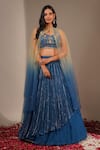 Buy_Chaashni by Maansi and Ketan_Blue Georgette Embroidery Resham Halter Neck Stripe Lehenga Set _at_Aza_Fashions