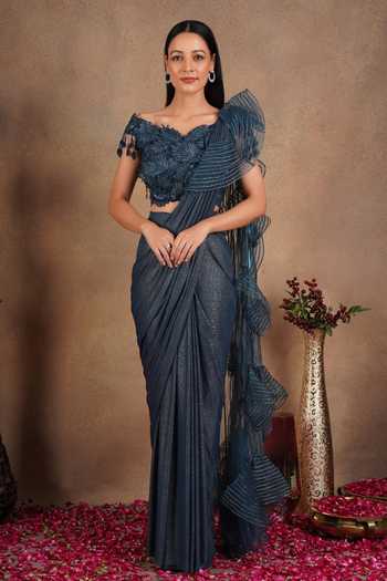 Buy_Chaashni By Maansi And Ketan_Blue Net Beads, Applique, Pearls, Cut Pre-draped Saree With Embellished Blouse _at_Aza_Fashions