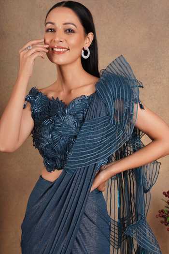 Chaashni By Maansi And Ketan_Blue Net Beads, Applique, Pearls, Cut Pre-draped Saree With Embellished Blouse _Online_at_Aza_Fashions