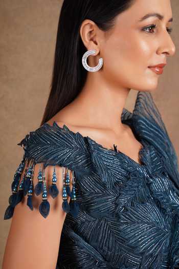 Buy_Chaashni By Maansi And Ketan_Blue Net Beads, Applique, Pearls, Cut Pre-draped Saree With Embellished Blouse _Online_at_Aza_Fashions
