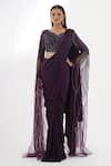 Buy_Chaashni by Maansi and Ketan_Purple Lycra Embellished Sequin Leaf Pre-draped Saree With Bat Sleeve Blouse _at_Aza_Fashions