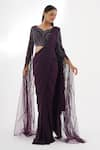 Chaashni by Maansi and Ketan_Purple Lycra Embellished Sequin Leaf Pre-draped Saree With Bat Sleeve Blouse _Online_at_Aza_Fashions