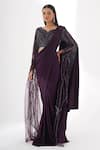 Buy_Chaashni by Maansi and Ketan_Purple Lycra Embellished Sequin Leaf Pre-draped Saree With Bat Sleeve Blouse _Online_at_Aza_Fashions