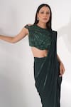 Buy_Chaashni by Maansi and Ketan_Green Lycra Embroidered Bead Closed Neck Pre-draped Saree With Blouse _Online_at_Aza_Fashions