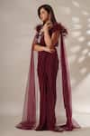 Chaashni by Maansi and Ketan_Maroon Lycra Embellished Bead Blouse High Neck Pre-draped Saree Cape Set _Online_at_Aza_Fashions