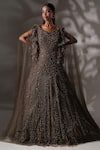 Buy_Chaashni by Maansi and Ketan_Green Net Embellished Pearl Broad V Neck Embroidered Cape Sleeve Gown _at_Aza_Fashions