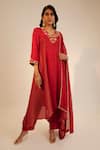 Buy_Sheela Suthar_Red Silk, Organza Sequins, Embroidery V-neck Floral Asymmetric Kurta And Pant Set _at_Aza_Fashions