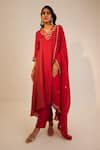 Buy_Sheela Suthar_Red Silk, Organza Sequins, Embroidery V-neck Floral Asymmetric Kurta And Pant Set _Online_at_Aza_Fashions