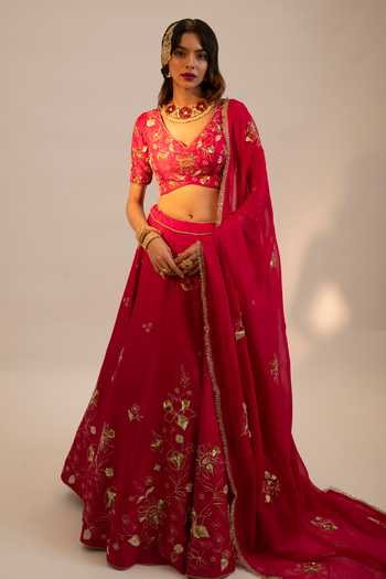 Sheela Suthar_Pink , , Sequins, Embroidery V-neck Floral Lehenga Set _Online_at_Aza_Fashions