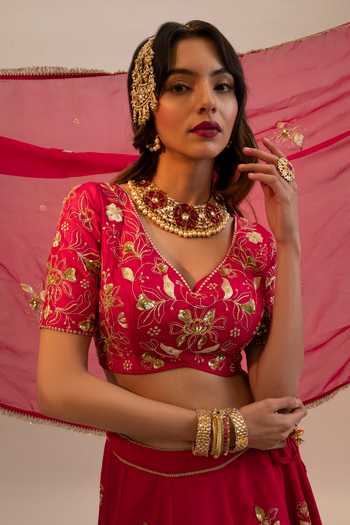 Shop_Sheela Suthar_Pink , , Sequins, Embroidery V-neck Floral Lehenga Set _Online_at_Aza_Fashions