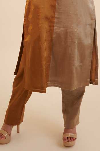 Shop_Sheela Suthar_Gold Silk Keyhole Neck Color Block Metallic Kurta And Pant Set _Online_at_Aza_Fashions