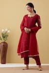 Buy_Tashee_Red Chanderi Sequins, Beads, Embroidery Split V-neck Paisley Sleeve Kurta Set _at_Aza_Fashions