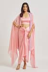 Buy_Sheela Suthar_Pink Satin Embroidered Sequins Bralette Scoop Draped Dhoti Skirt Set With Cape _at_Aza_Fashions