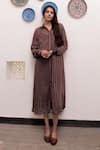 Buy_Taro_Brown Cotton, Lurex Zari Collared Gulkand Textured Pattern Shirt Dress With Slip _at_Aza_Fashions