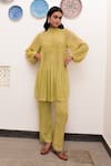 Buy_Taro_Green Cotton, Lurex Zari High Neck Pistavi Textured Pattern Tunic And Pant Set _at_Aza_Fashions