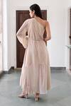 Shop_Taro_Beige Cotton Crepe Embroidered Striped Suhani Pattern Maxi Dress With Belt _at_Aza_Fashions