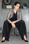 Shop_SOBARIKO_Black Silk V-neck, Collared Sleeveless Jumpsuit With Metallic Jacket_at_Aza_Fashions