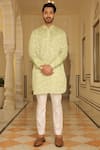 Buy_Rohit Kamra Jaipur_Green Linen Silk Print Leaf Bloom Kurta  _at_Aza_Fashions