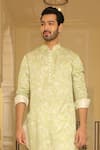 Shop_Rohit Kamra Jaipur_Green Linen Silk Print Leaf Bloom Kurta  _at_Aza_Fashions