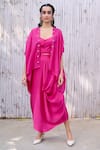 Buy_Kanelle_Pink Viscose Satin Hand Embroidered Mala Draped Skirt Set With Placket Cape_at_Aza_Fashions