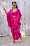 Kanelle_Pink Viscose Satin Hand Embroidered Mala Draped Skirt Set With Placket Cape_Online_at_Aza_Fashions