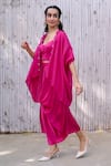 Shop_Kanelle_Pink Viscose Satin Hand Embroidered Mala Draped Skirt Set With Placket Cape_Online_at_Aza_Fashions
