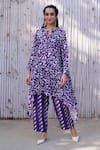 Buy_Kanelle_Purple Chanderi Silk Printed Leaf Band Saachi Asymmetric Tunic And Trouser Set_at_Aza_Fashions
