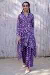 Kanelle_Purple Chanderi Silk Printed Leaf Band Saachi Asymmetric Tunic And Trouser Set_Online_at_Aza_Fashions