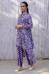 Shop_Kanelle_Purple Chanderi Silk Printed Leaf Band Saachi Asymmetric Tunic And Trouser Set_Online_at_Aza_Fashions