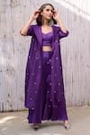 Kanelle_Purple Viscose Satin Hand Embroidered Sequins Ziya Overlay With Trouser Set_Online_at_Aza_Fashions
