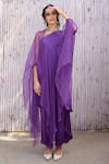 Kanelle_Purple Top And Bottom Viscose Satin Solid Cape Open Gul Tunic Set_Online_at_Aza_Fashions