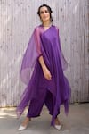 Kanelle_Purple Top And Bottom Viscose Satin Solid Cape Open Gul Tunic Set_at_Aza_Fashions