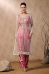 Buy_Palak Khandelwal_Pink Kurta Organza Hand Embroidered Gota Patti With Brocade Pant Set  _at_Aza_Fashions