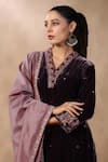 Buy_Palak Khandelwal_Purple Kurta Velvet Hand Embroidered Sequins V Neck Floral Set  