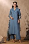 Buy_Palak Khandelwal_Blue Cotton Silk Printed Floral V Neck Kurta Set With Dupatta _at_Aza_Fashions