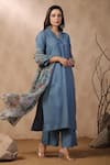 Buy_Palak Khandelwal_Blue Cotton Silk Printed Floral V Neck Kurta Set With Dupatta _Online_at_Aza_Fashions