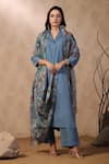 Palak Khandelwal_Blue Cotton Silk Printed Floral V Neck Kurta Set With Dupatta _at_Aza_Fashions