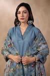 Buy_Palak Khandelwal_Blue Cotton Silk Printed Floral V Neck Kurta Set With Dupatta 