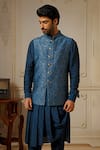 Vanshik_Blue Silk Embroidery Floral Pashmina Blend Bundi Draped Kurta Set _Online_at_Aza_Fashions