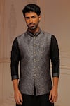 Vanshik_Grey Silk Floral Embroidered Bundi Kurta Set _Online_at_Aza_Fashions